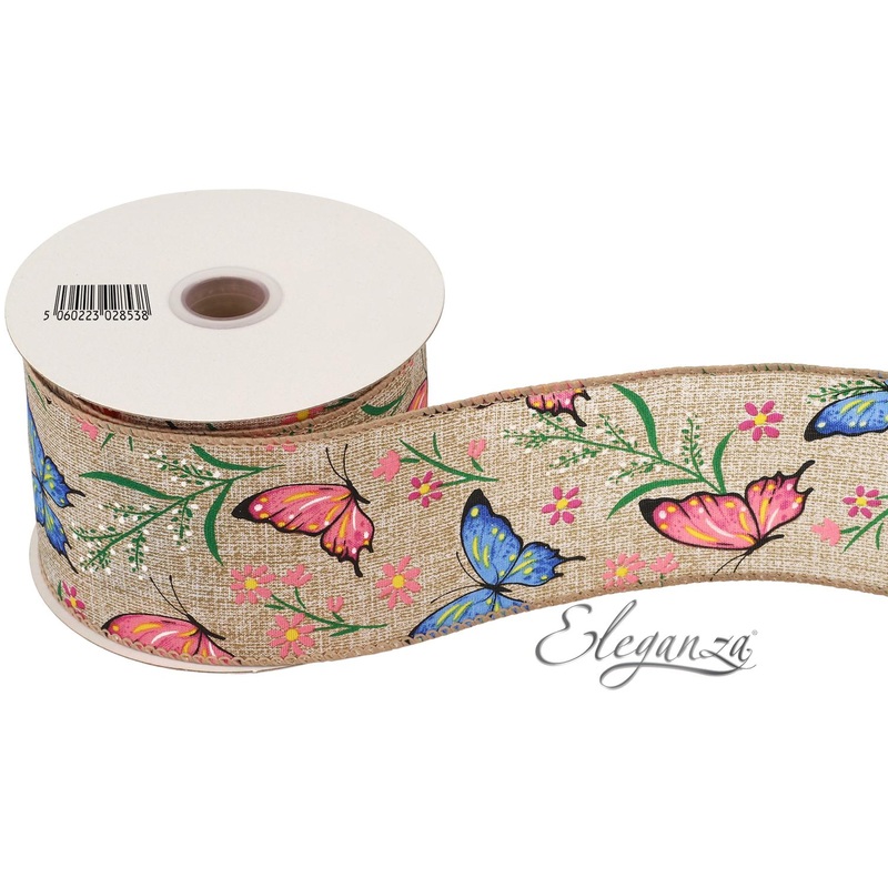 Wired Edge Ribbon Pink & Blue Butterflies Natural 63mm x 9.1m