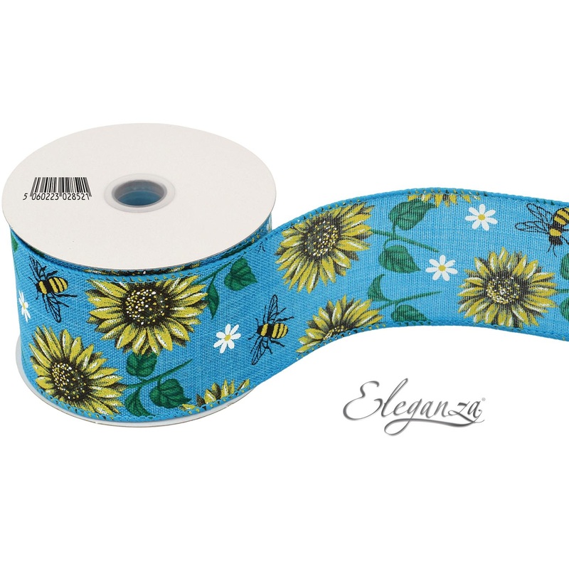 Wired Edge Ribbon Turquoise 63mm x 9.1m – Sunflower & Bee