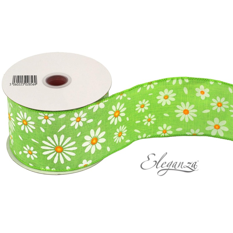 Wired Edge Ribbon White Daisies on Green 63mm x 9.1m