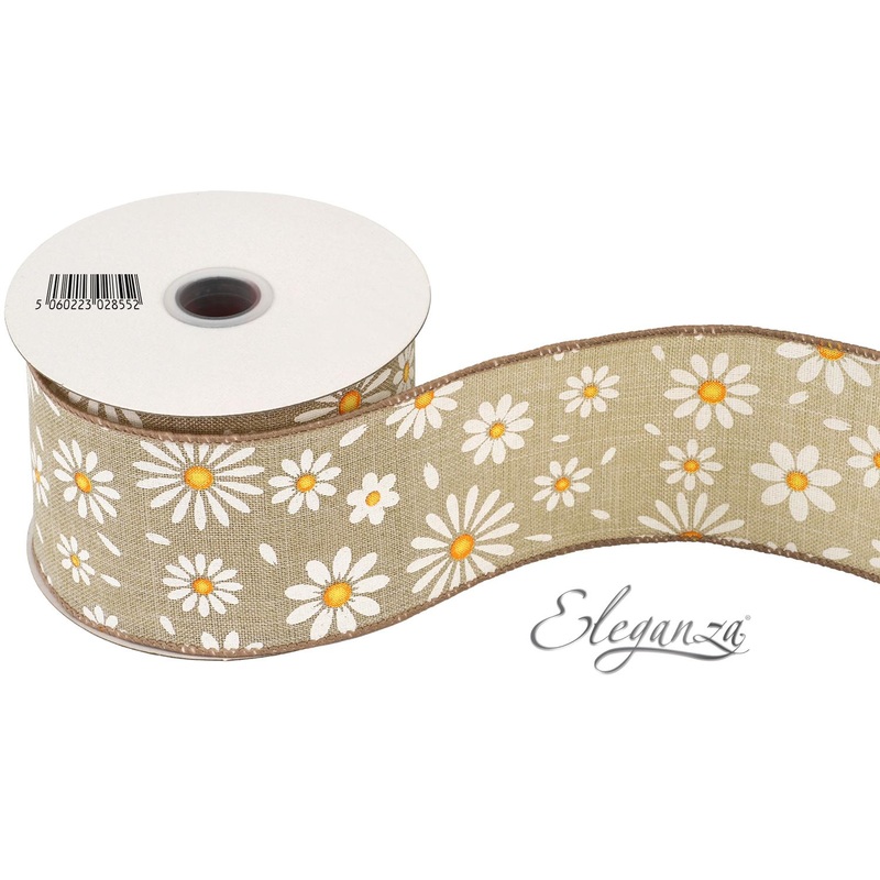 Wired Edge Ribbon White Daisies on Natural  63mm x 9.1m