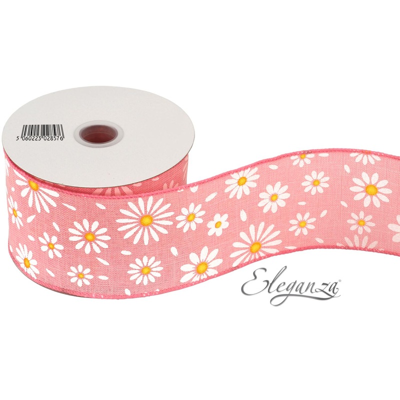 Wired Edge Ribbon White Daisies on Pink 63mm x 9.1m