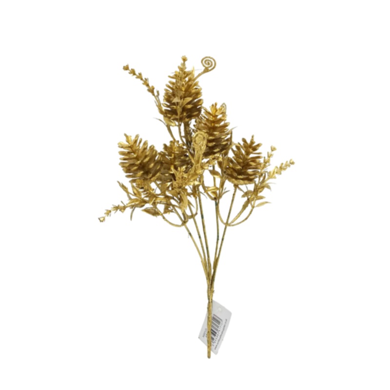 5 Stem Gold Pine Cone & Foliage Bush x 31cm