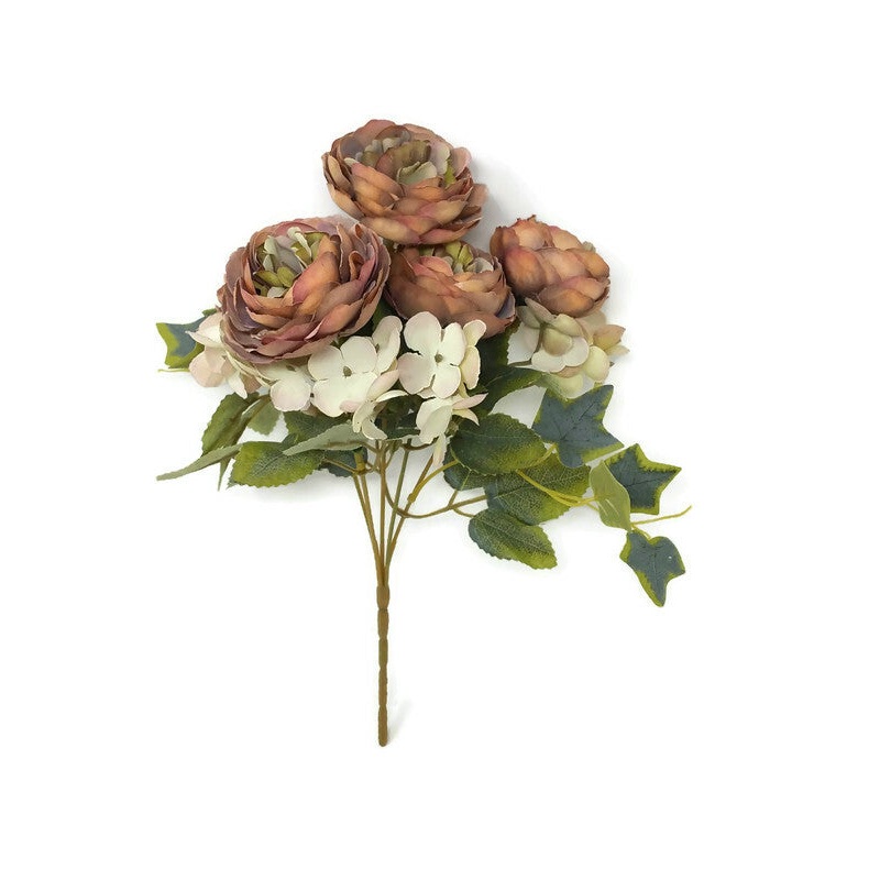 Peony & Hydrangea Bush x 28cm – Muted Pink/Brown/Olive