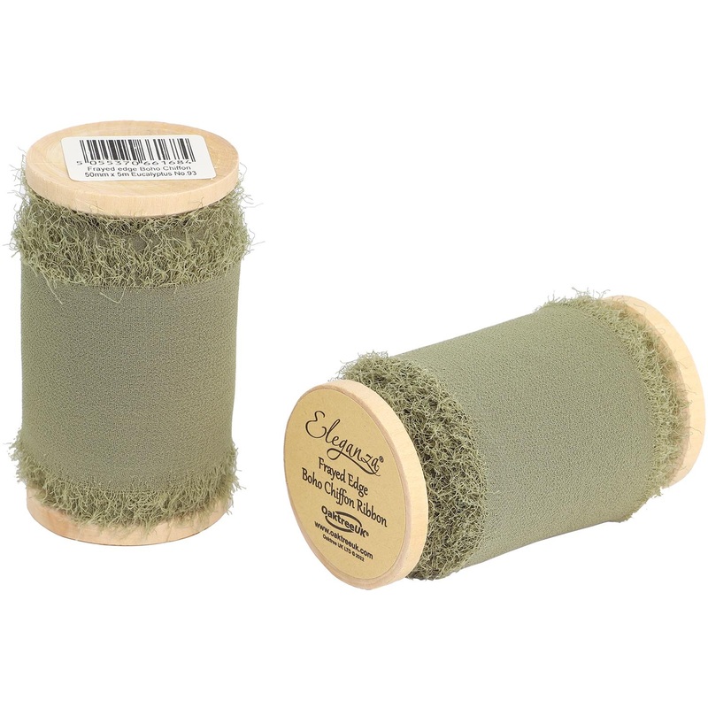 Single Reel of Frayed Edge Boho Chiffon Ribbon – 50mm x 5m – Eucalyptus