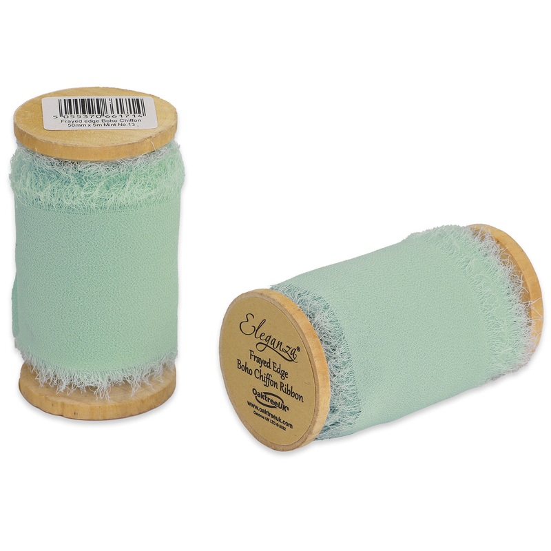 Single Reel of Frayed Edge Boho Chiffon Ribbon – 50mm x 5m – Mint