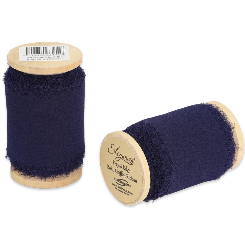 Single Reel of Frayed Edge Boho Chiffon Ribbon – 50mm x 5m – Navy