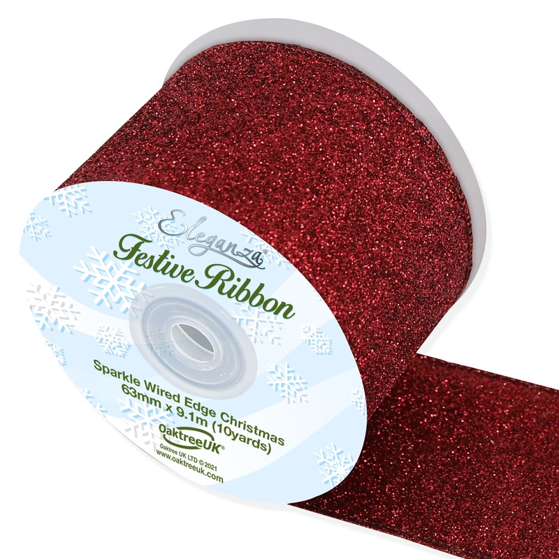 Sparkle Wired Edge Ribbon 63mm x 9.1m Burgundy
