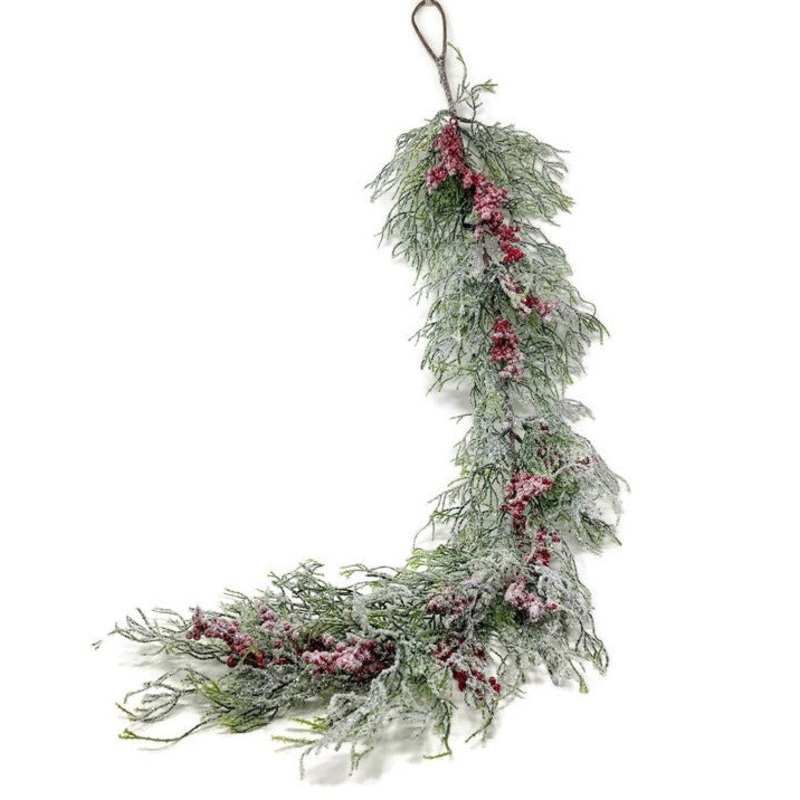107cm Hanging Frosted Fern & Red Berry Spray
