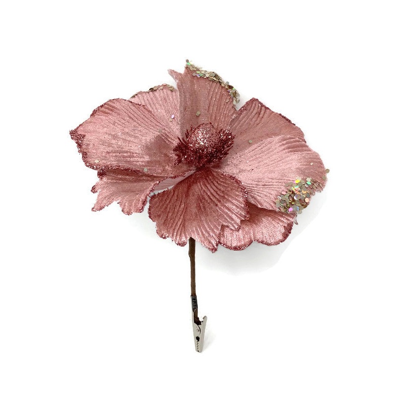 14cm Dusky Pink Clip-On Glitter & Sequin Magnolia