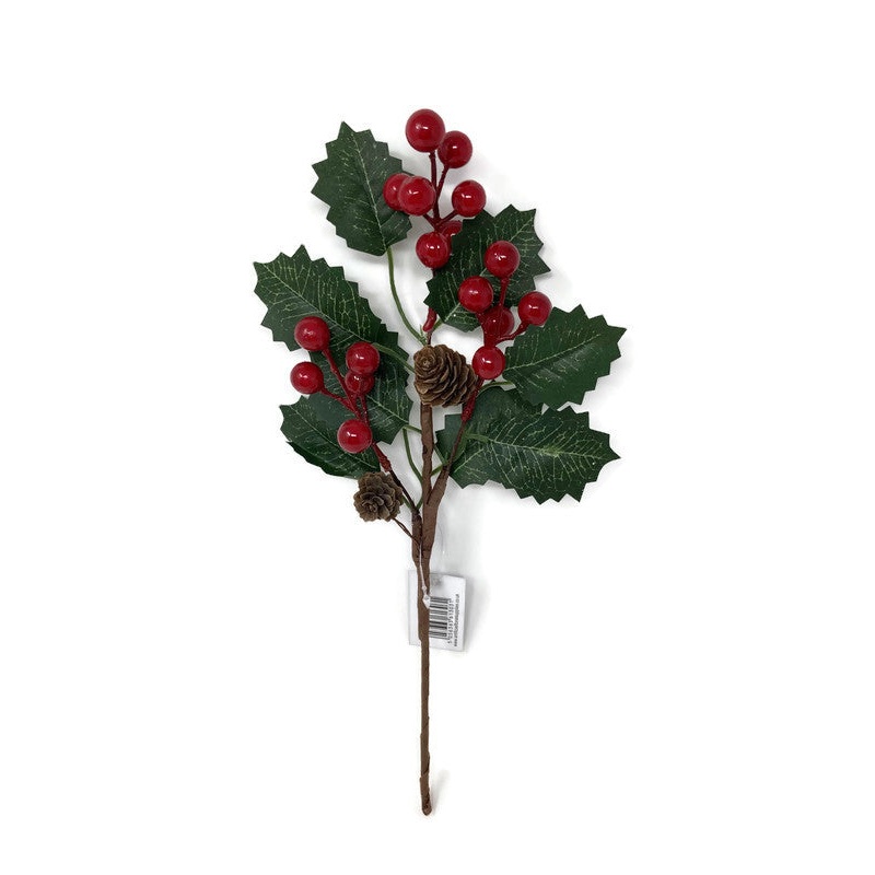 35cm Green Holly & Glossy Red Berry Spray