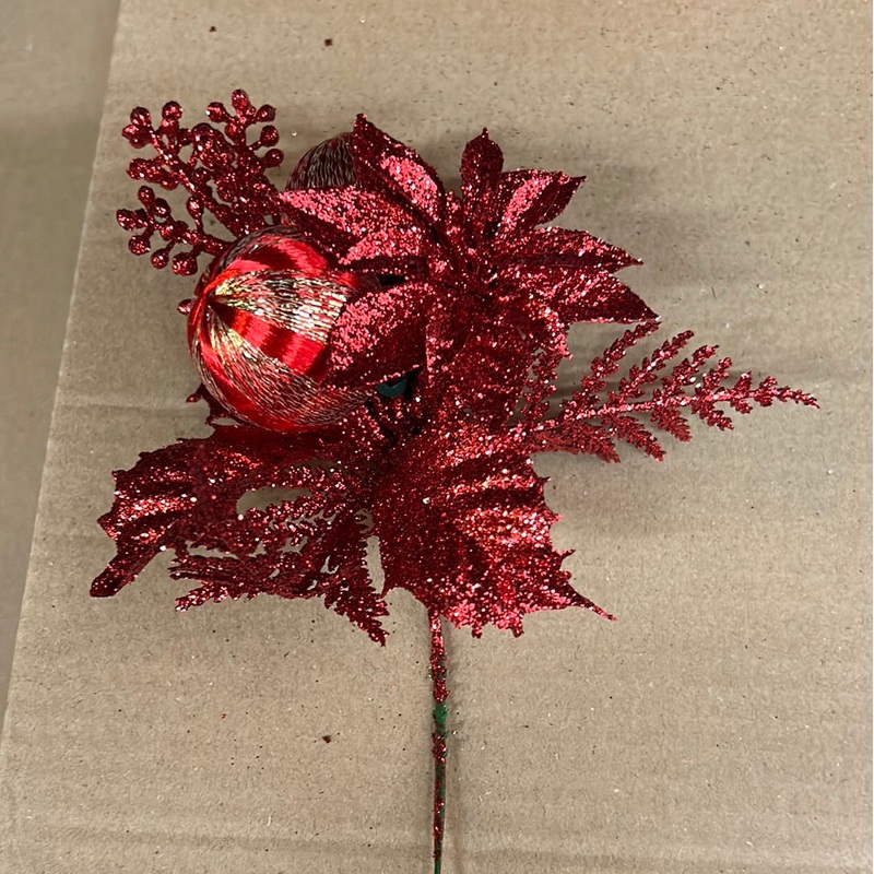 Christmas Artificial Red Poinsettia & Bauble Florist Wire Pick x 20cm  – Single