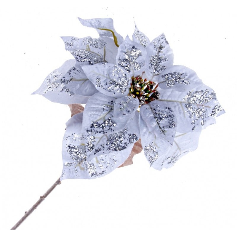 Single Glittered Poinsettia – Blue (25cm diameter, 53cm long)