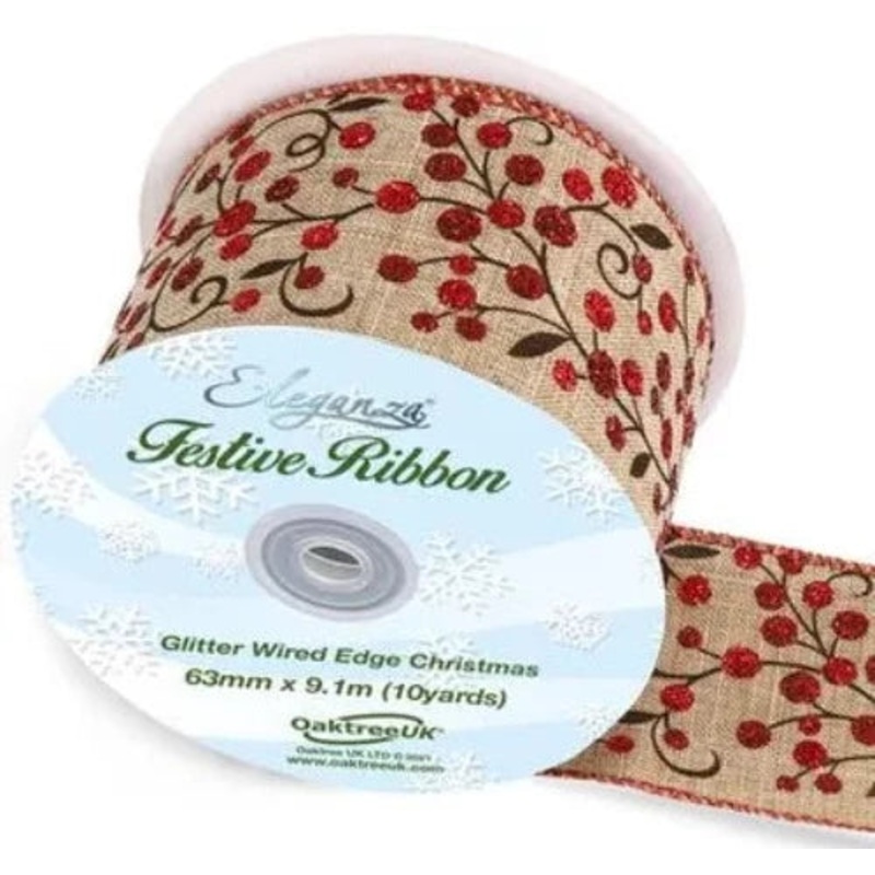 Wired Edge Natural Burlap Ribbon 63mm x 9.1m  Large Red Glitter Berries