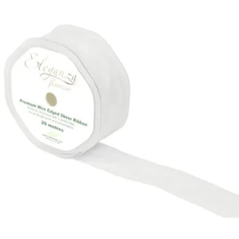 32mm x 20m Wired Edge Organza – White