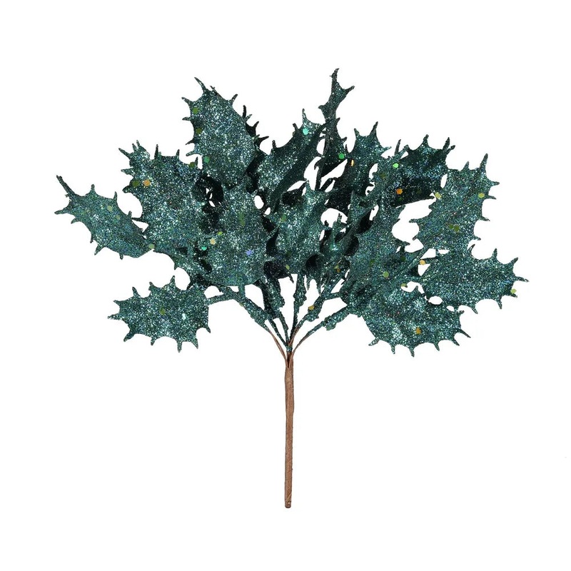 Artificial Glitter Holly Pick x 20cm – Peacock Green/Blue – Christmas Decoration