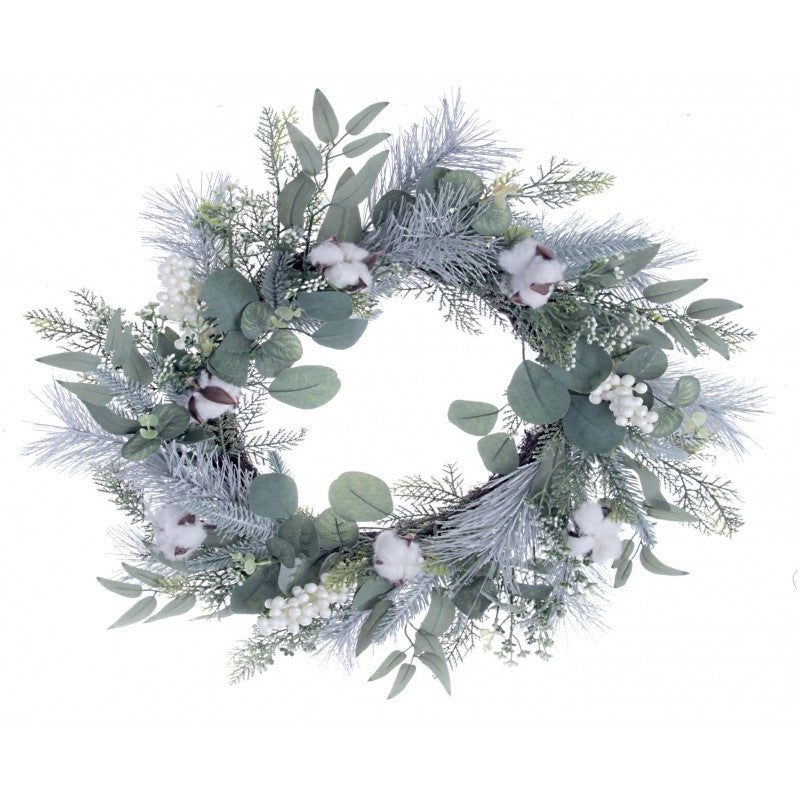Cotton & Eucalyptus Wreath – Green/White – 60cm diameter