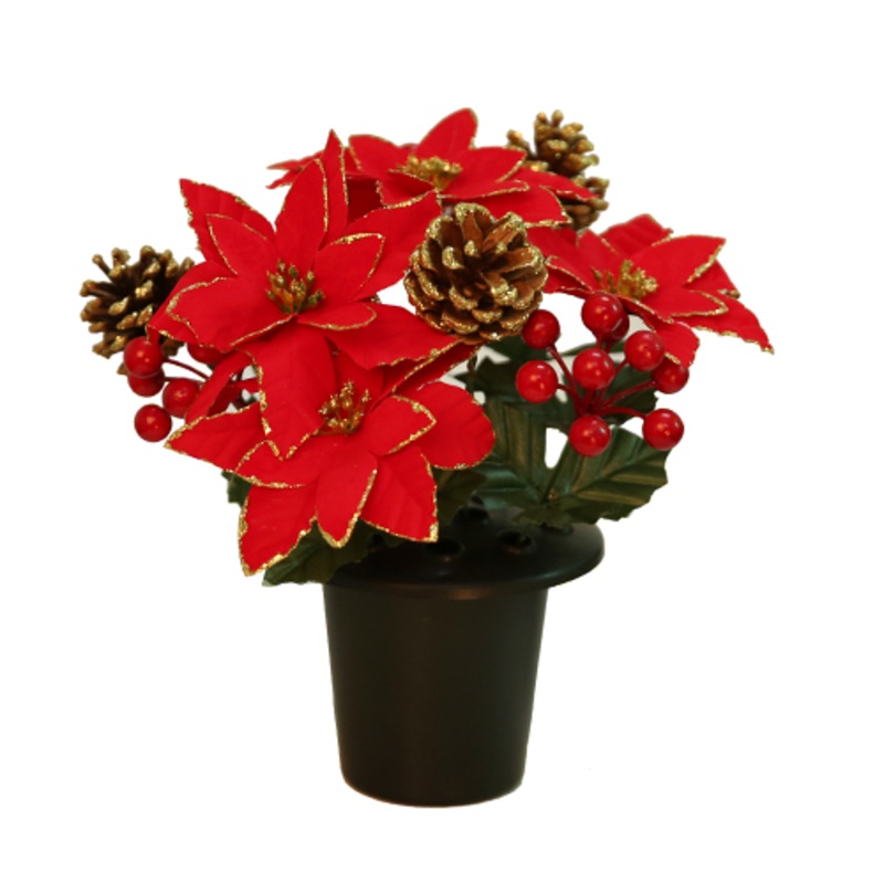 Glittered Poinsettia Pine Cone & Berry Grave Vase Container – Red