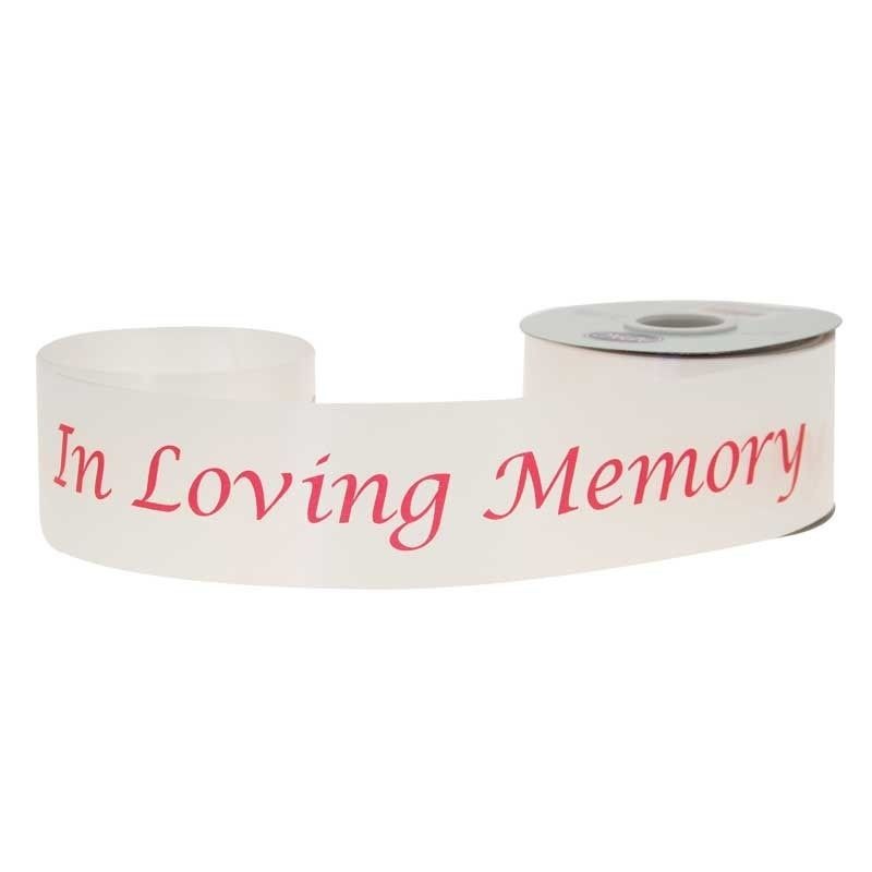 In Loving Memory Poly Ribbon – White with red text (2 inch x 50 yards )