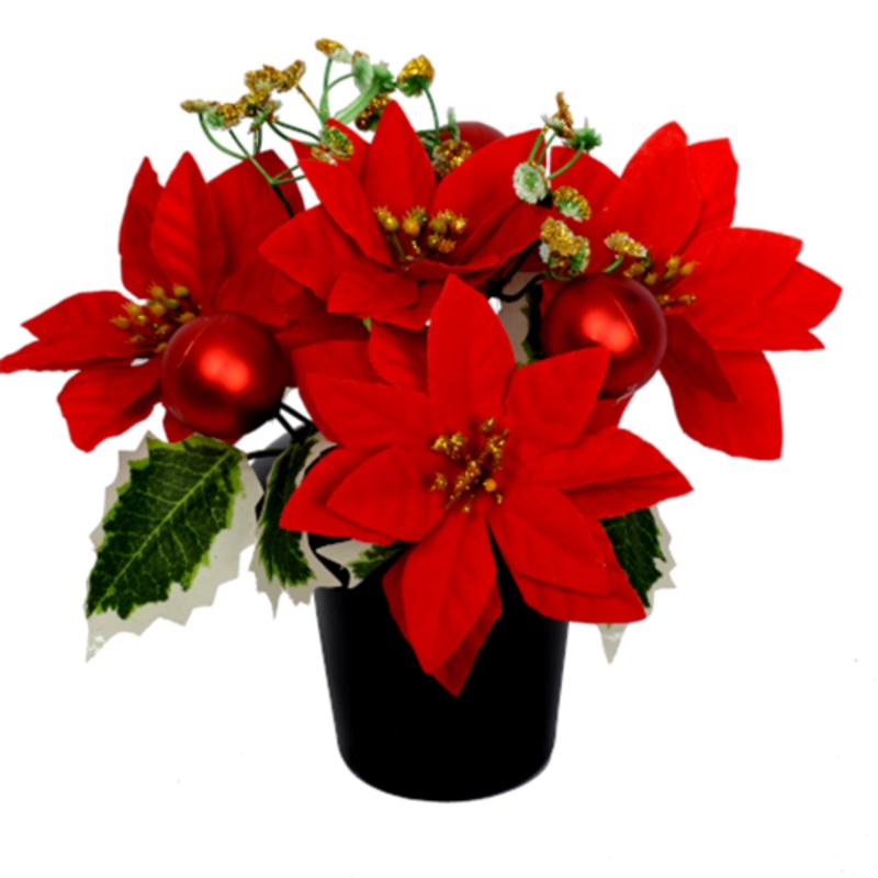 Poinsettia Bauble & Holly  Grave Vase Container – Red