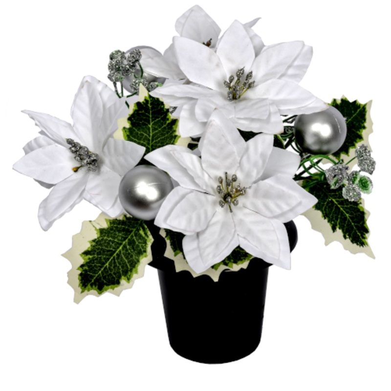 Poinsettia Bauble & Holly Grave Vase Container  – White