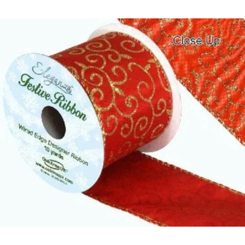 Satin Wired Edge Red Ribbon with Gold Glitter Filigree 10yds x 63mm