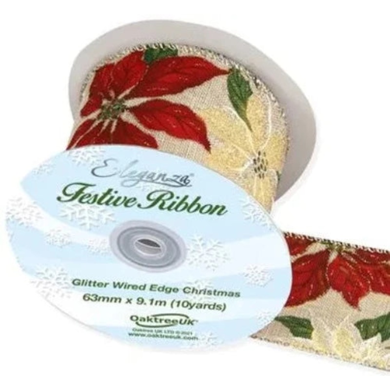 Wired Edge Glitter Poinsettia Ribbon 63mm x 9.1m