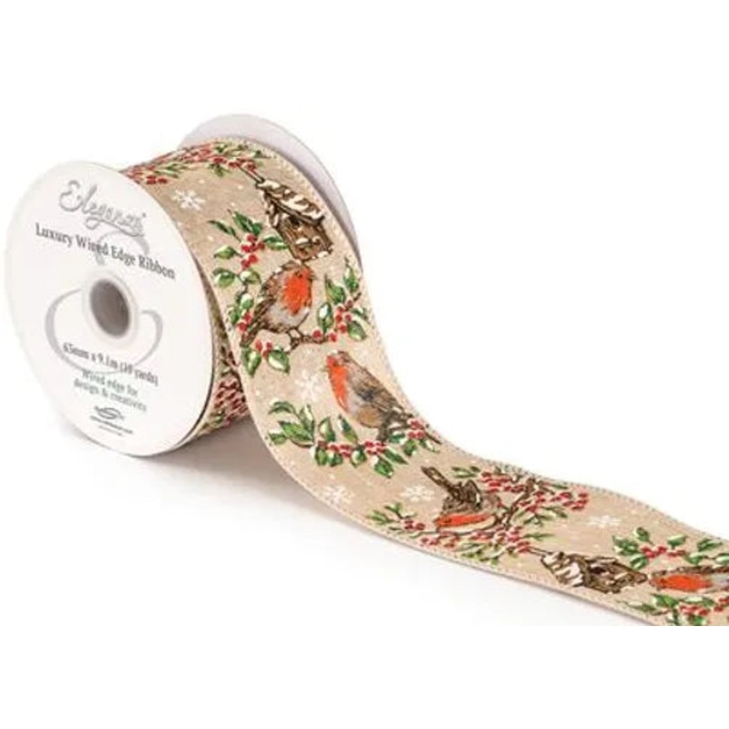 Wired Edge Natural Burlap Ribbon 63mm x 9.1m –  Festive Robin