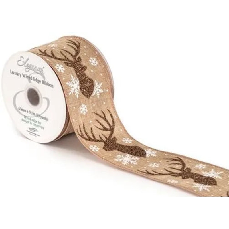 Wired Edge Natural Burlap Ribbon 63mm x 9.1m –  Glitter Bronze Stag