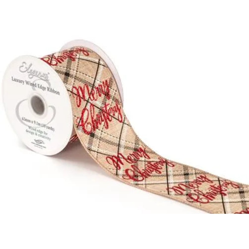 Wired Edge Natural Burlap Ribbon 63mm x 9.1m –  Merry Christmas Tartan