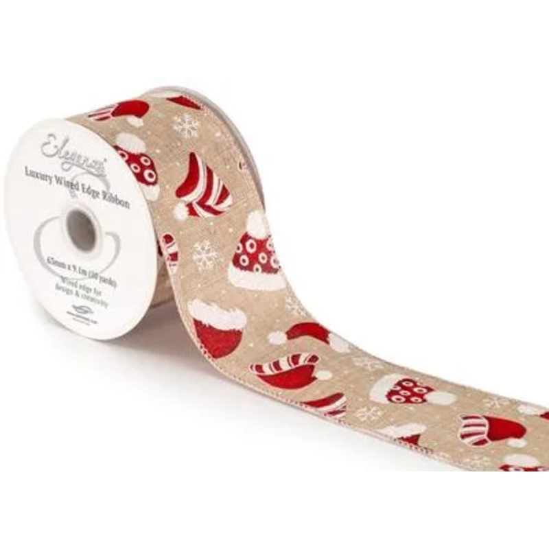 Wired Edge Natural Burlap Ribbon 63mm x 9.1m – Santa Hats