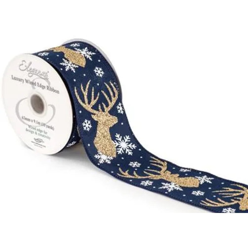 Wired Edge Navy Burlap Ribbon 63mm x 9.1m –  Glitter Stag