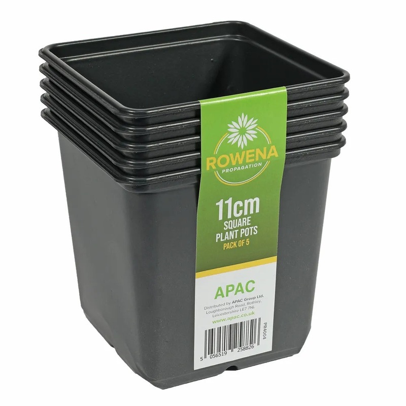 11cm Square Black Plastic Plant Pots x 5