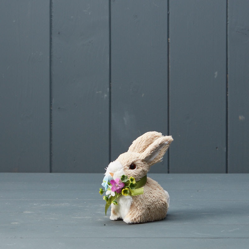 Brown & White Rabbit with Spring Flower Bouquet x 10.5cm
