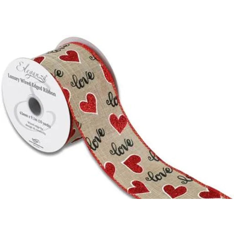 Wired Edge Ribbon 63mm x 9.1m – Natural with Red Glitter Hearts