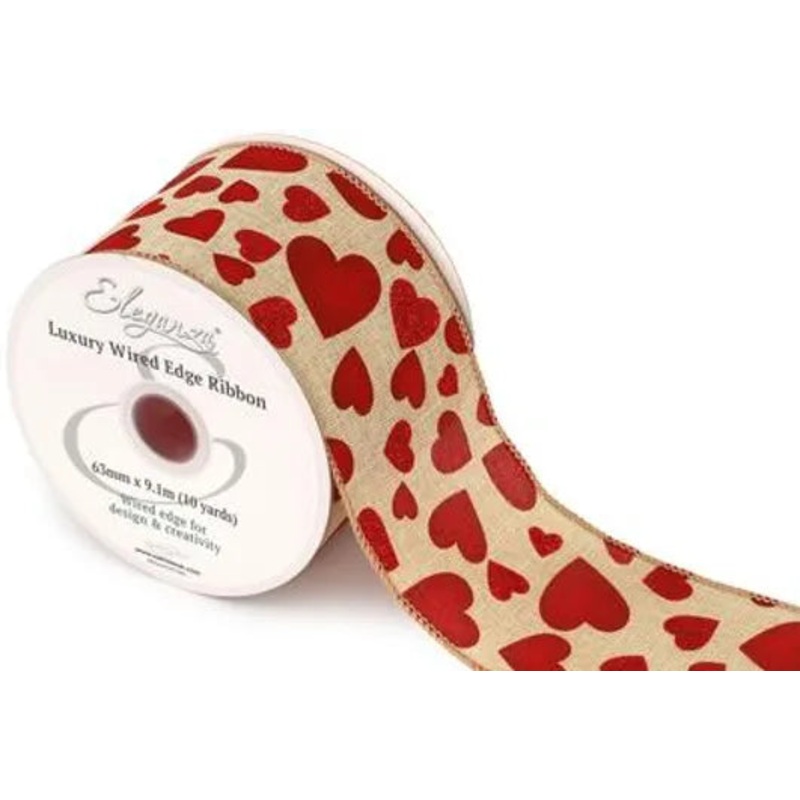 Wired Edge Ribbon 63mm x 9.1m –  Natural with Red Hearts
