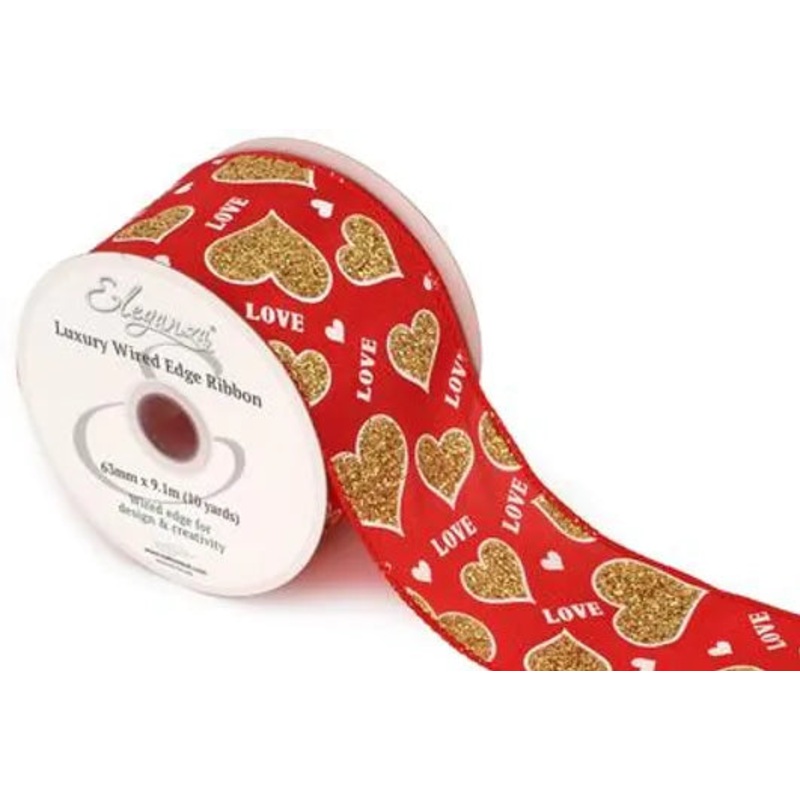 Wired Edge Ribbon 63mm x 9.1m – Red with Gold Glitter Love Hearts