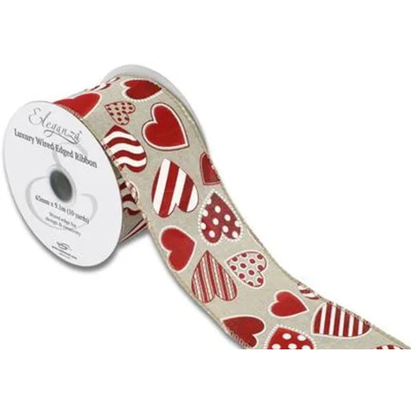 Wired Edge Ribbon Natural 63mm x 9.1m – Patterned Hearts