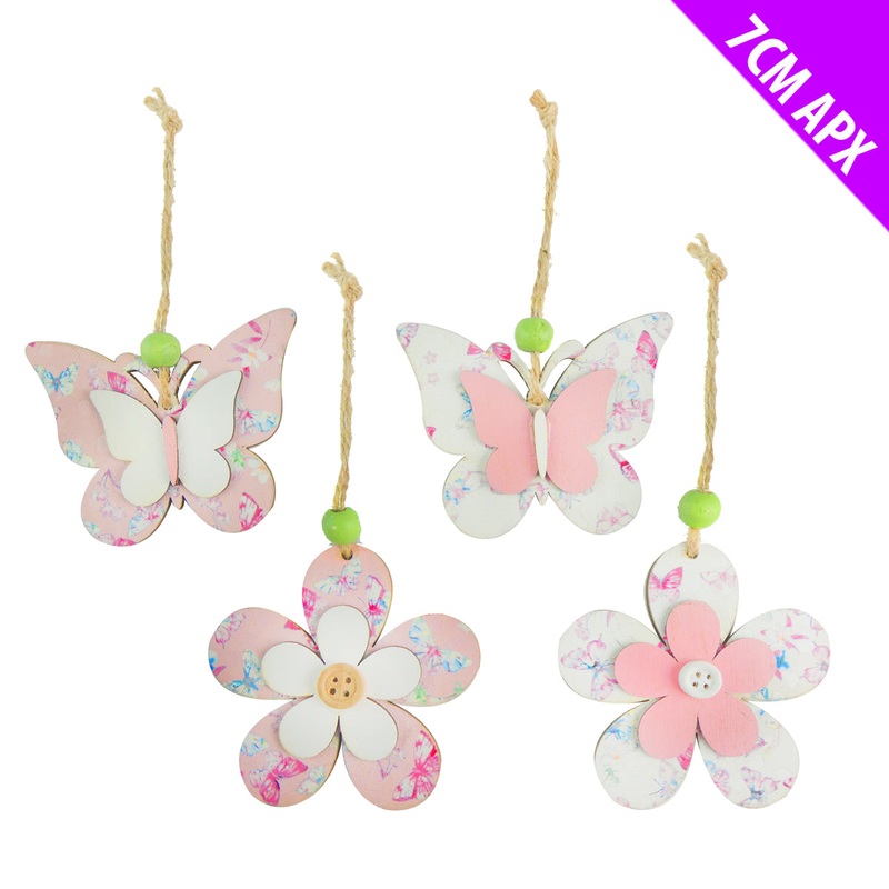Single 7cm Wooden Hanging Shape  – One Selected At Random – Butterfly or Flower