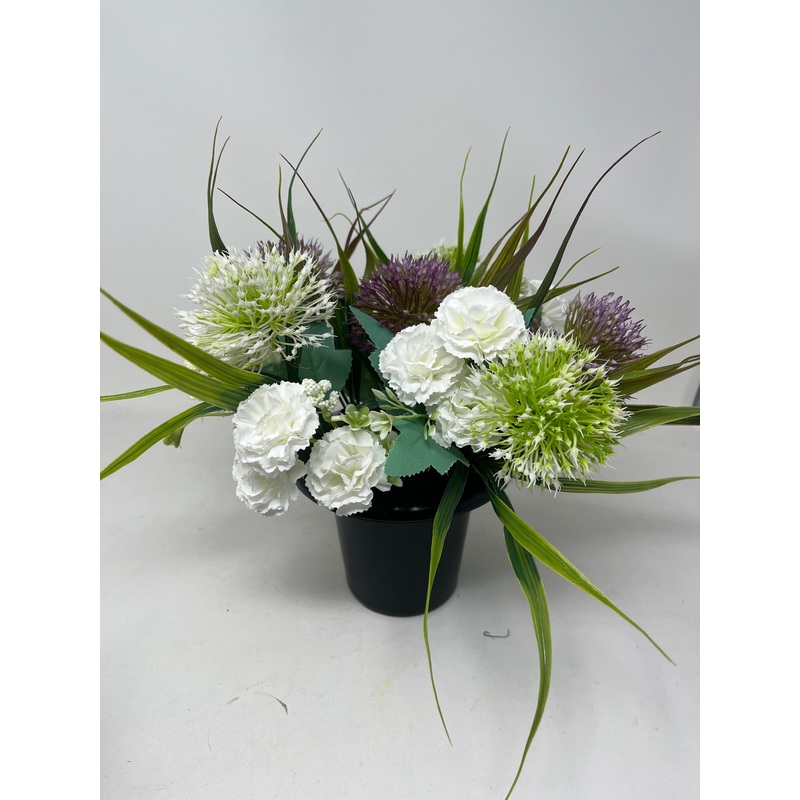 HANDMADE replacement pot with 3 ivory alliums\3 purple alliums+ mini carnation