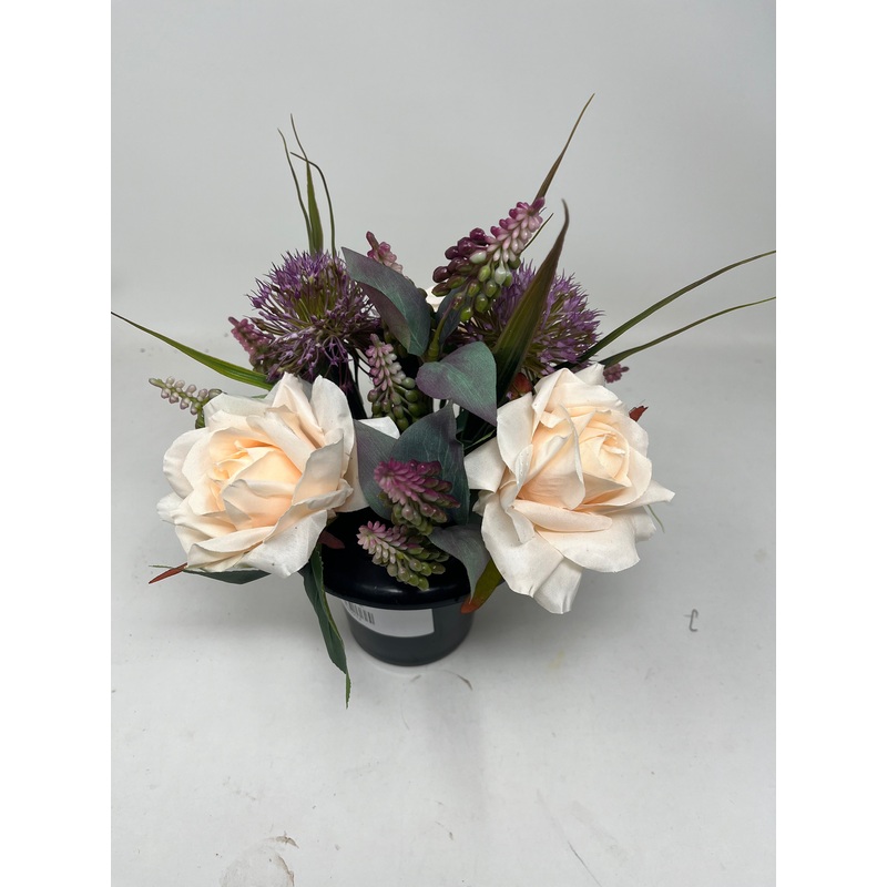 HANDMADE replacement pot with apricot roses, purple allium and lupin