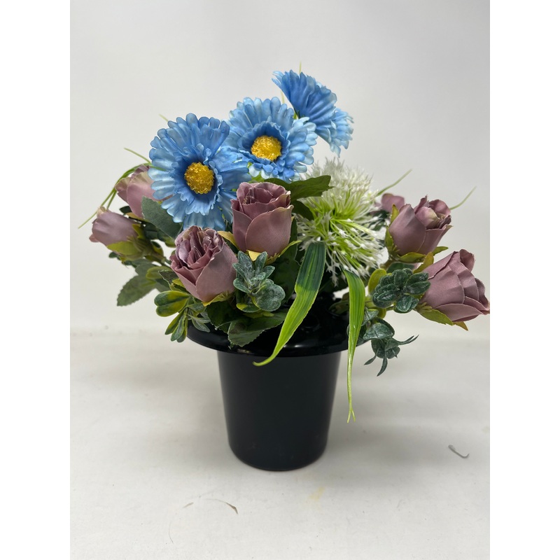 HANDMADE replacement pot with blue daisy\alliums\purple rose