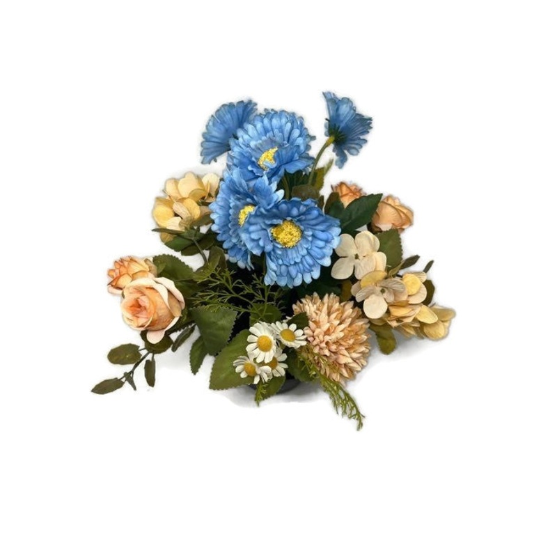 HANDMADE replacement pot with blue daisy \peach hydrangea rose