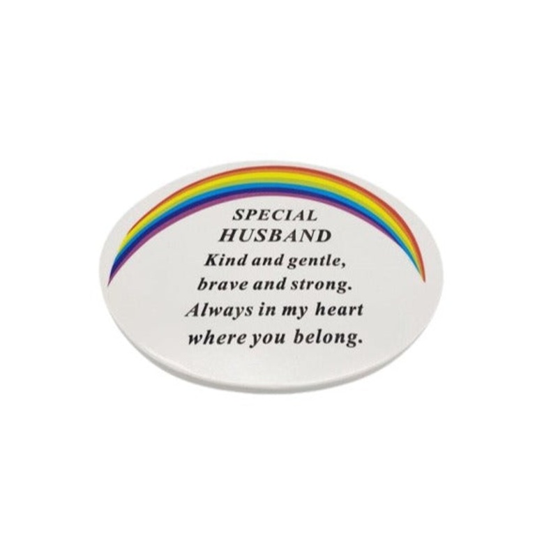 Oval White Graveside Plaque With Rainbow Detail – Husband