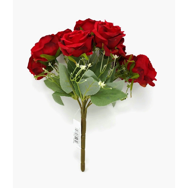 9 Head Rose & Blossom Bush x 31cm – Red