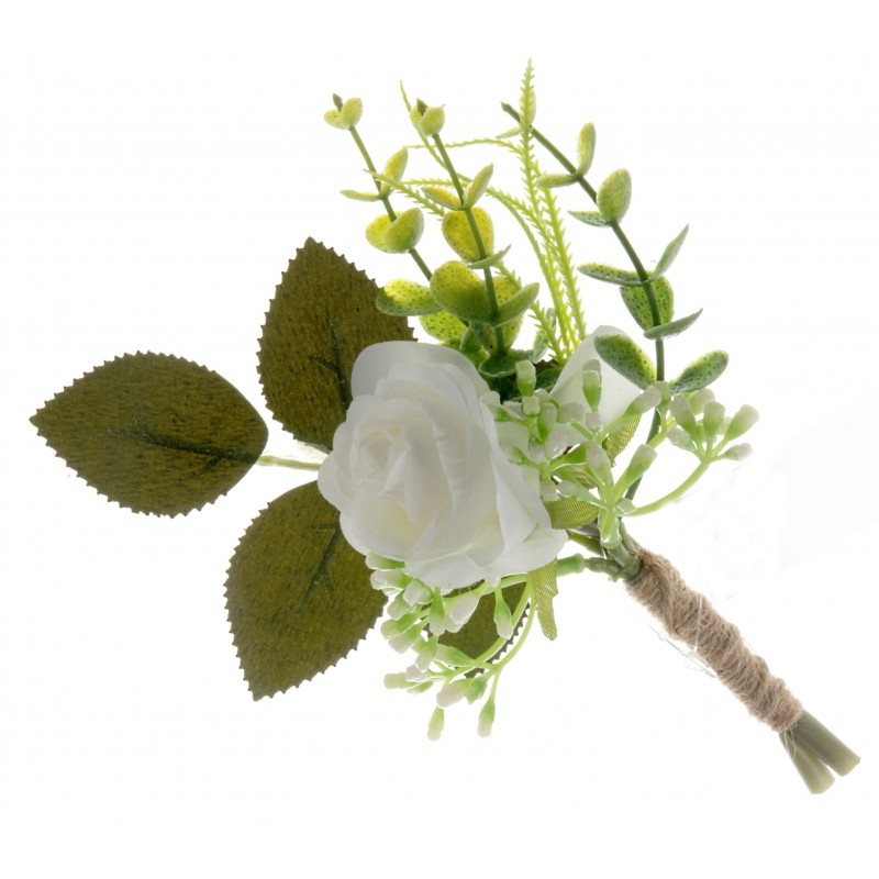 Single Rose and Foliage Buttonhole – Green/White – 18cm