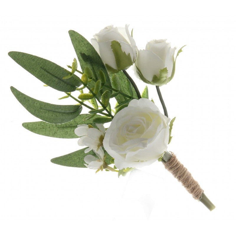 Triple Rose and Foliage Buttonhole – Green/White – 21cm long