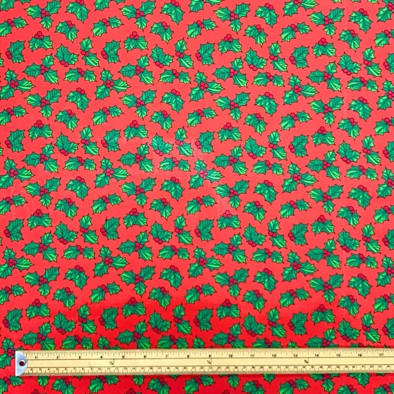 1 Metre Christmas Holly Leaves on Red 110cm/43 Polycotton Fabric