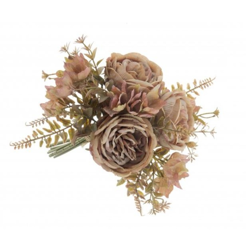 Artificial Dry Style Rose & Hydrangea Bouquet with Mixed Foliage – Pink Mix – 32cm long