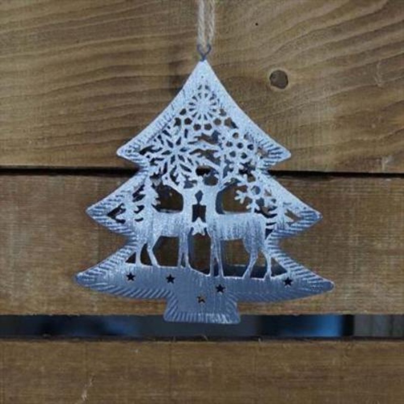 Grey Metal Hanging Tree Decoration x 12cm