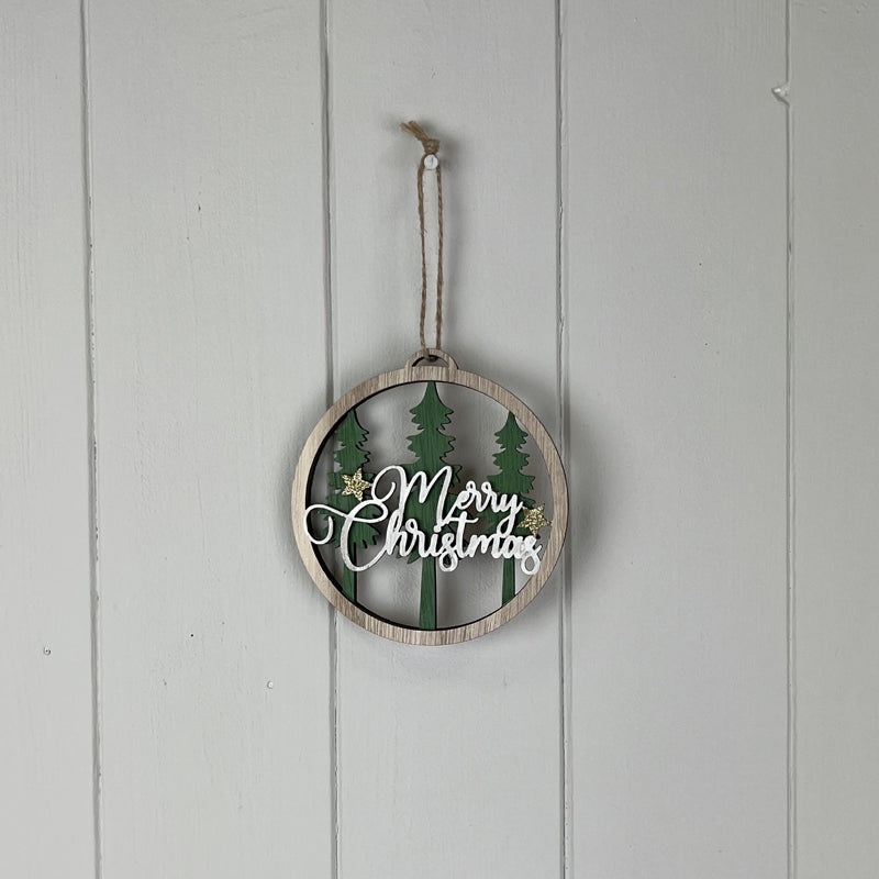 Hanging Wooden ‘Merry Christmas’ Green Tree Scene with Star x 11cm
